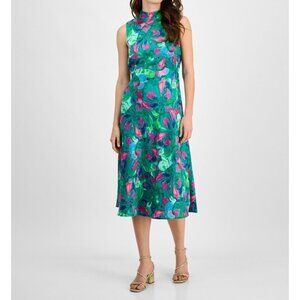 Tahari Asl Womens Sleeveless Mock Neck Midi Zipper Dress Jade Rose 14 Defected